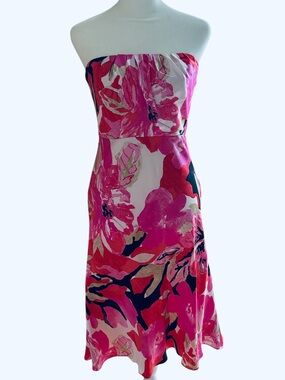 Banana Republic Strapless Pink 100% Silk  Floral Midi Dress
